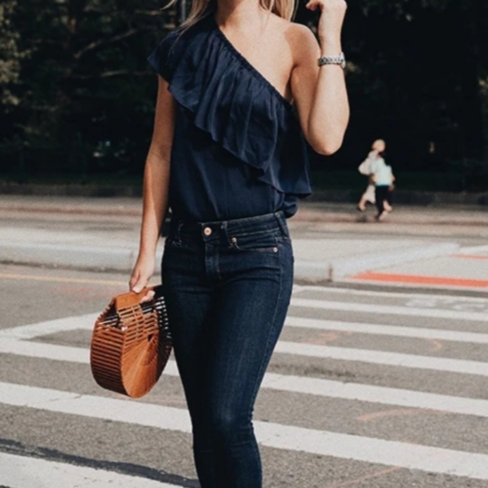 Milly One-Shoulder Ruffle Top In Navy Blue - Picture 2 of 11